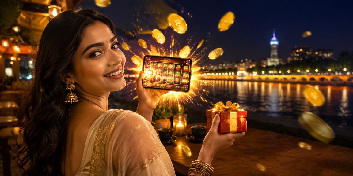 Ahmedabad riverfront night view with slot game players